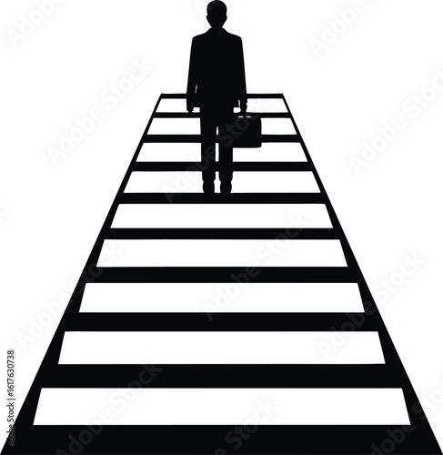 Businessman silhouetted climbing ladder achieving career success and progression towards future goals