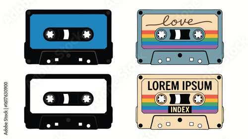 Retro Cassette Tape Collection Vintage Audio Tapes with Love, Lorem Ipsum, and Blank Designs