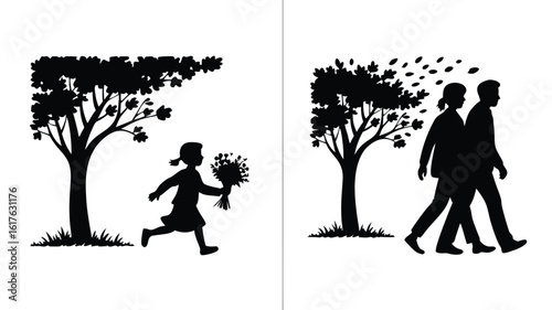 Silhouette Art Girl Running with Flowers, Couple Walking Under Tree with Falling Leaves