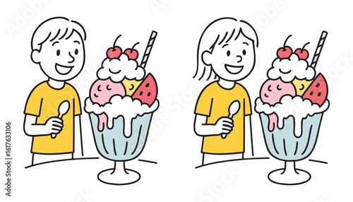 Man And Woman with Spoon Admiring Huge Ice Cream Sundae. Ice Cream with Fruit, Whipped Topping, Cherry, Straw, Dessert, Food Celebration. Hand-Drawn Doodle Style Line Vector Illustration