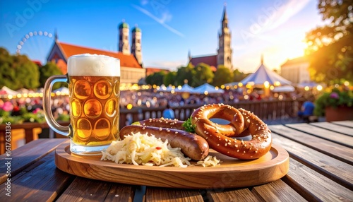 German bratwurst and sauerkraut with pretzel on a wooden bench during Oktoberfest, with Munich’s Marienplatz in the background