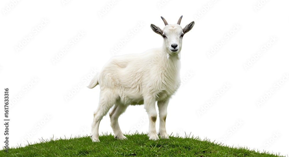 Fototapeta premium Young White Goat Standing on Green Grass in Bright Outdoor Setting
