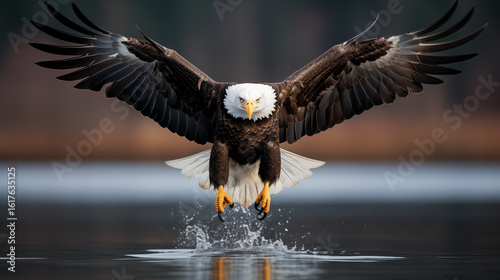 A majestic bald eagle flying low over a calm lake , wings spread wide, splashing water with its talons