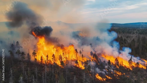 Devastating forest fire rages through a dry pine forest, sending huge plumes of smoke into the sky, highlighting the urgent global climate change crisis and environmental destruction.