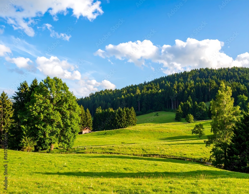 Obraz premium Lush meadow, forest, hills, blue sky