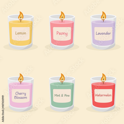 Set of scented candles. Lemon, peony, lavender, cherry blossom, mint and pine, watermelon scented candles vector illustration.