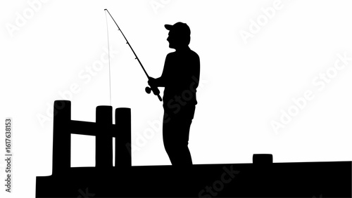 Silhouette of a fisherman casting a fishing rod from a pier with wooden posts against a white background