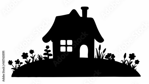 Silhouette of a quaint house with a chimney surrounded by flowers and grass on a small hill