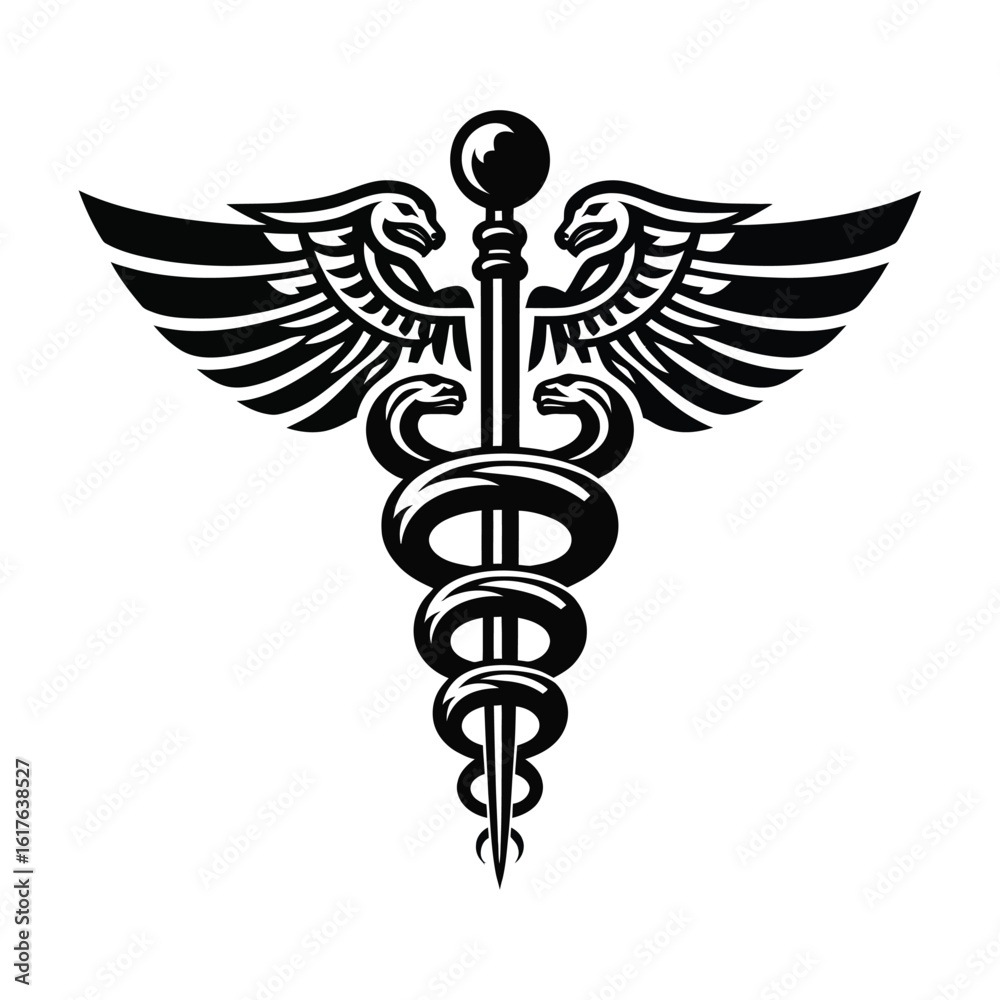 mage is a black and white vector illustration of the caduceus symbol, featuring a central staff with a round top.Two serpents are entwined symmetrically around the staff, facing each other mage is a black and white vector illustration of the caduceus symbol, featuring a central staff with a round top.Two serpents are entwined symmetrically around the staff, facing each other