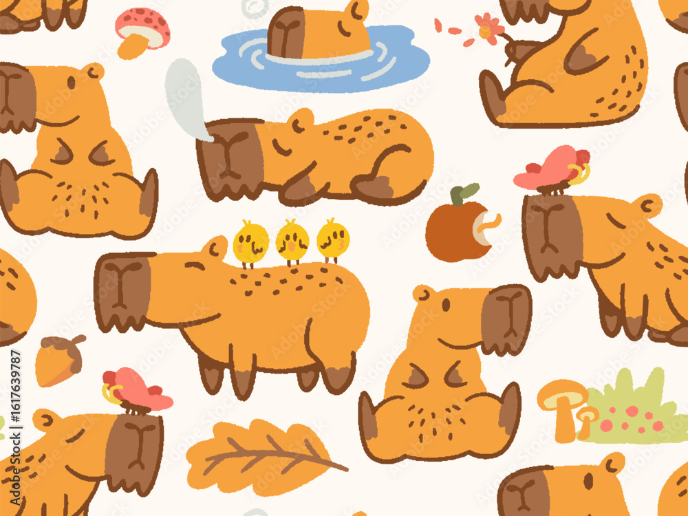 Obraz premium Cute Capybara Cartoon Doodle Seamless Pattern Illustration