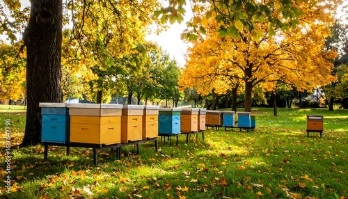 Colorful beehives in an autumn park