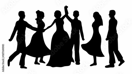 Silhouette illustration of a group of people dancing and celebrating in a festive and joyful atmosphere
