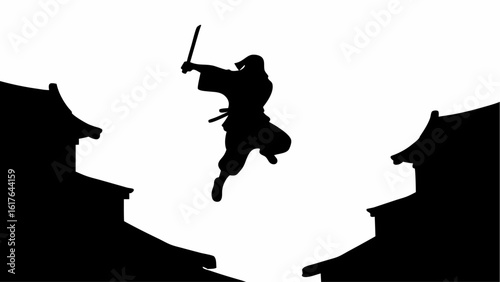 Silhouette of a ninja warrior jumping with a sword between two buildings in a dramatic black and white scene