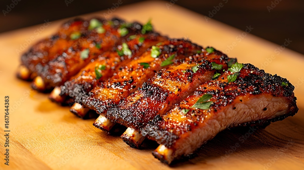 Fototapeta premium Deliciously glazed pork ribs on a wooden board