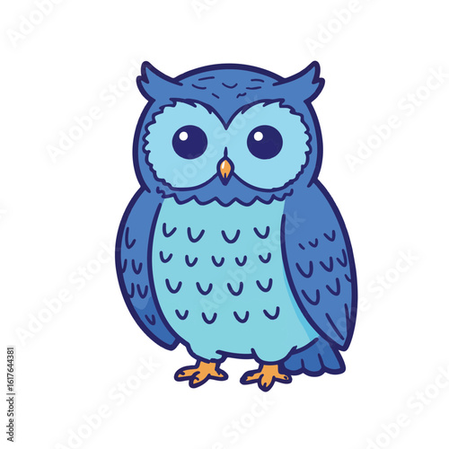 Blue barn owl perched confidently on white background, wisdom symbol