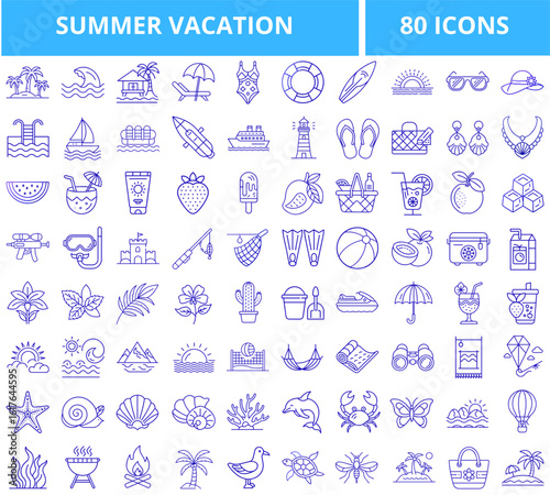 Set of summer vacation icons in blue outline on transparent background  