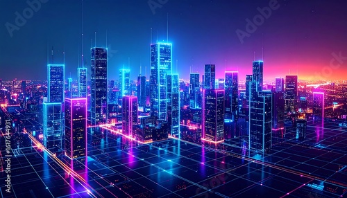 Wallpaper Mural Futuristic cityscape at night.  Digital glow Torontodigital.ca