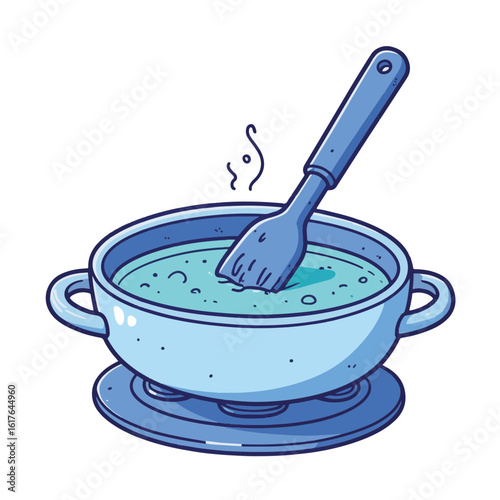 Delicious blue cheese fondue in pot with spatula, culinary delight