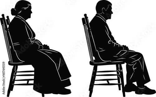 Silhouette seated figures, emotional disconnect, chair posture contrast, artistic minimalism, side view concept, relationship tension, vector illustration, isolation, calm design