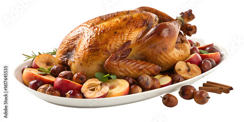 Savory roasted chicken centerpiece with fresh apples chestnuts and cinnamon sticks perfect for festive holiday gatherings