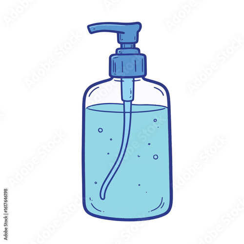 Blue hand sanitizer bottle on white background, hygiene essential