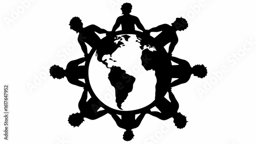 Silhouette of people holding hands around the world symbolizing unity and global community connection together