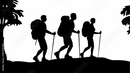 Silhouette of three hikers with backpacks and trekking poles walking through a nature landscape scene