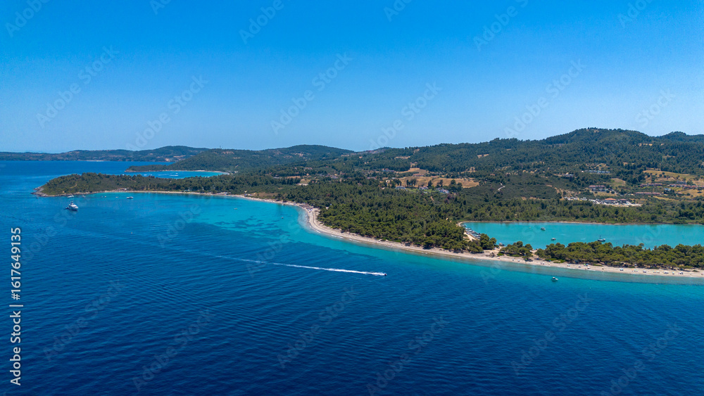 Fototapeta premium Aerial drone view of Port Glarokavos and lagoon beach in Kassandra penisula Chalkidiki Greece