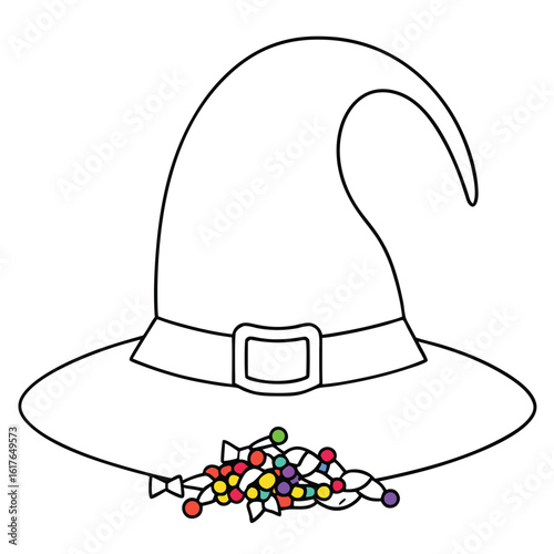 Witch hat with colorful candy spilling out halloween sweets