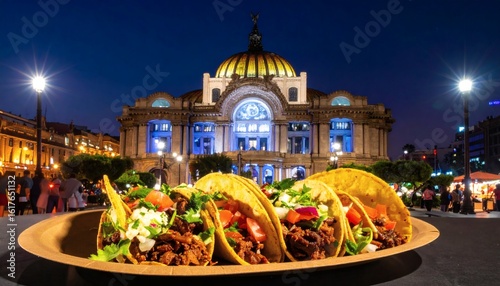 Street-style Mexican tacos al pastor on a paper plate, taken at night with the illuminated Palacio de Bellas Artes in Mexico City behind