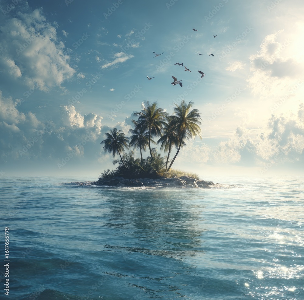 Fototapeta premium Serene tropical island with palm trees and birds in a tranquil ocean