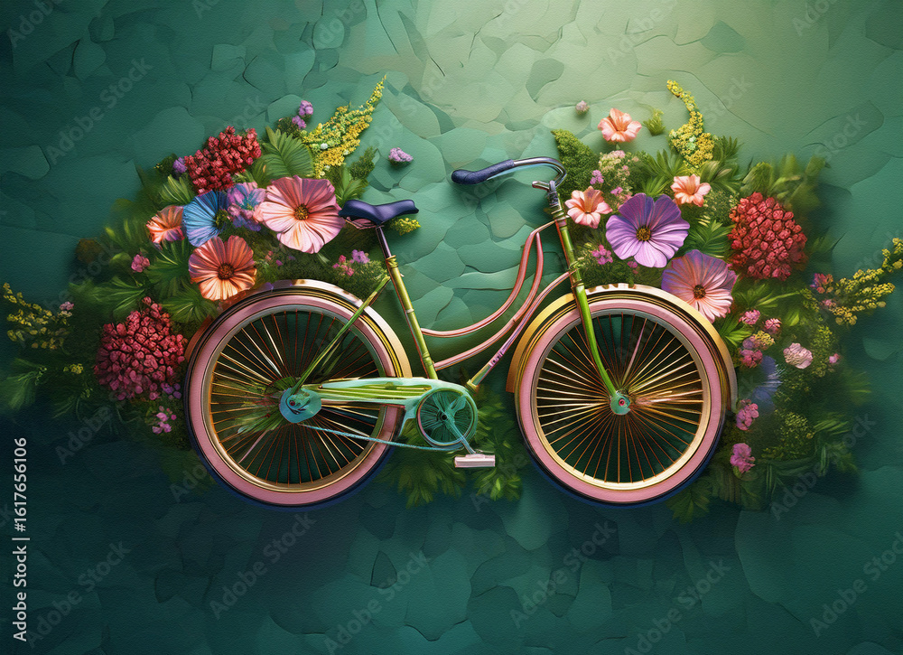 Fototapeta premium A bicycle adorned with colorful flowers is positioned against a textured green background, creating a vibrant and decorative scene.