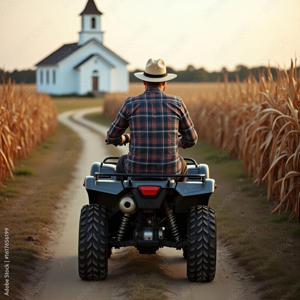 Fototapeta premium Farmer Rides Toward Country Church Through Golden Autumn Cornfields Path