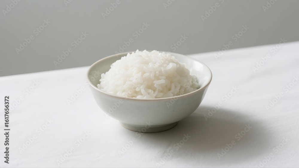 Steamed white rice in a simple round bowl, placed on white table with light gray background, clean shadow, traditional Asian food style Steamed white rice in a simple round bowl, placed on white table with light gray background, clean shadow, traditional Asian food style