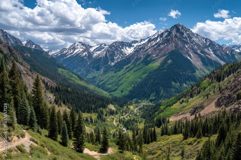 Fototapeta premium Mountain valley vista in summer sunlight