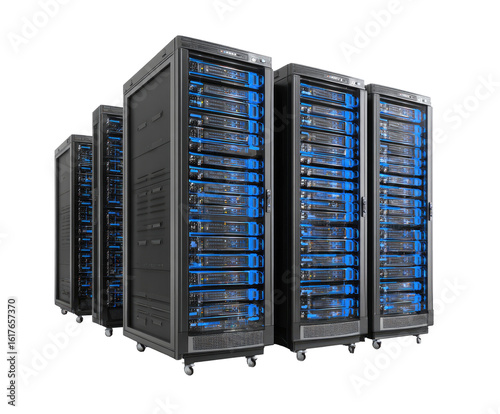 Four server racks, dark gray, illuminated with blue lights, stand in a row