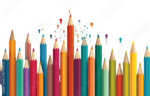 Colorful pencils arranged in a row, small houses/homes forming a cluster at the top