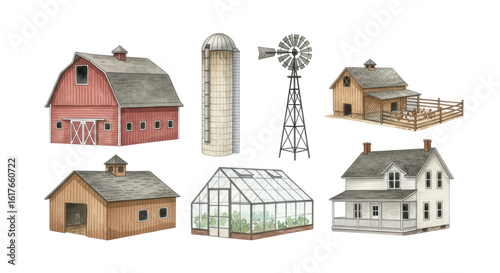 Charming watercolor illustrations of farm architecture, featuring a red barn, silo, farmhouse, windmill, and greenhouse, perfect for rural themes.