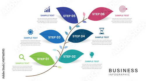 Tree of Success business infographic growth strategy line 6 steps, timeline template for business presentation