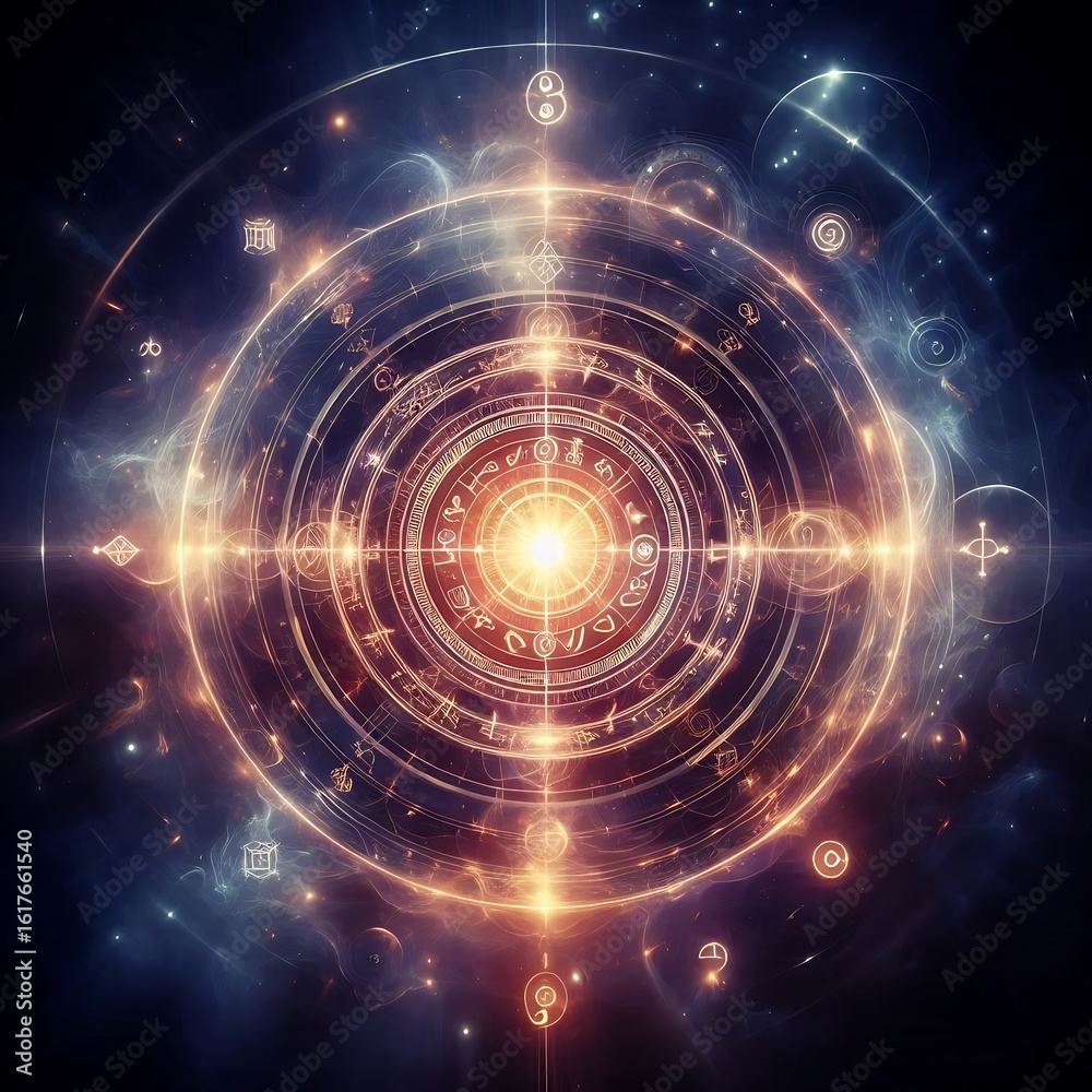 Obraz premium Unlock cosmic secrets with this radiant, mystical astrological chart radiating powerful celestial energy