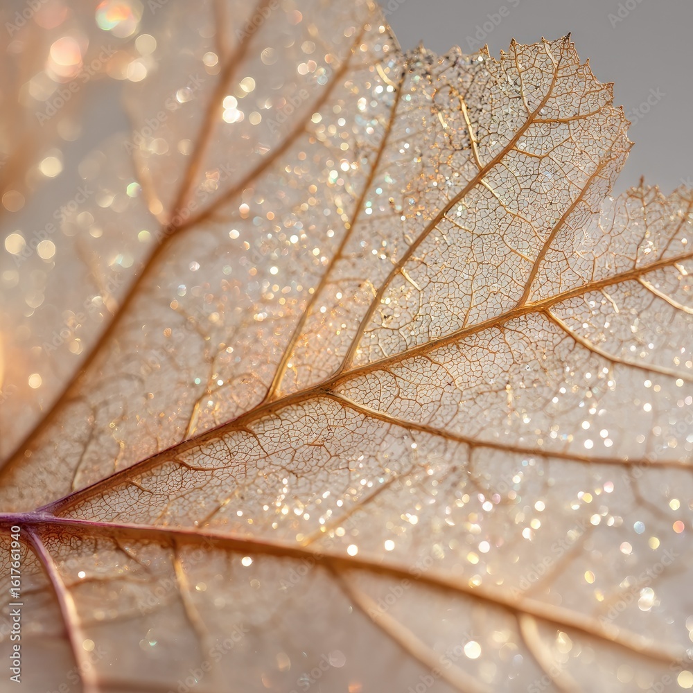 Fototapeta premium Close-up of a translucent, light brown leaf, detailed veins, glistening particles