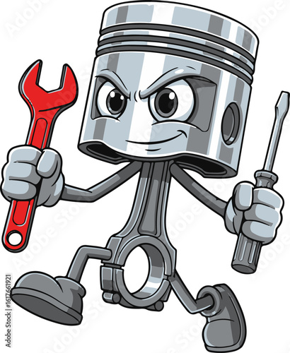 Vector art of cartoon piston character holding a wrench and screwdriver isolated on white background