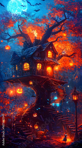 pastel haunted house Enchanted Halloween treehouse with glowing pumpkins. halloween for kids, spooky cute cartoon