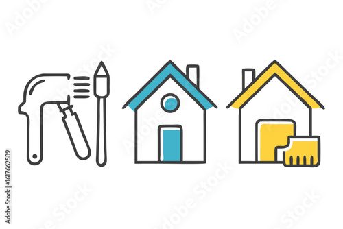 Home renovation and construction tools with two houses one blue one yellow