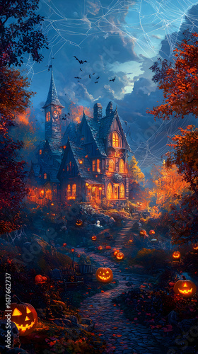 pastel haunted house Haunted house with glowing pumpkins at dusk. halloween for kids, spooky cute cartoon
