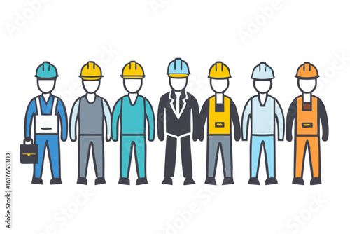 Diverse group of construction workers and professionals standing together