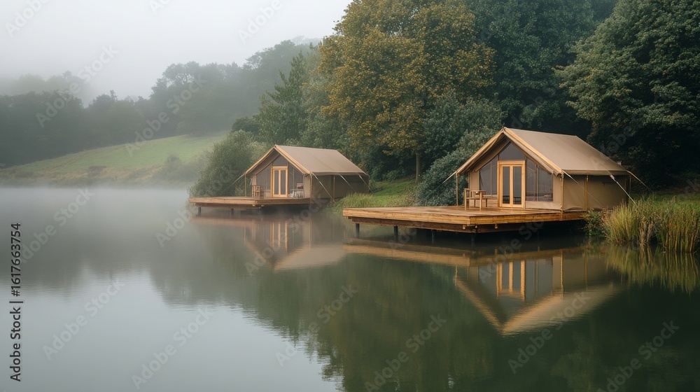 Obraz premium Serene lakeside cabins sit peacefully amidst misty surroundings. Nature envelops these cozy homes creating a perfect retreat for relaxation and inspiration. Generative AI