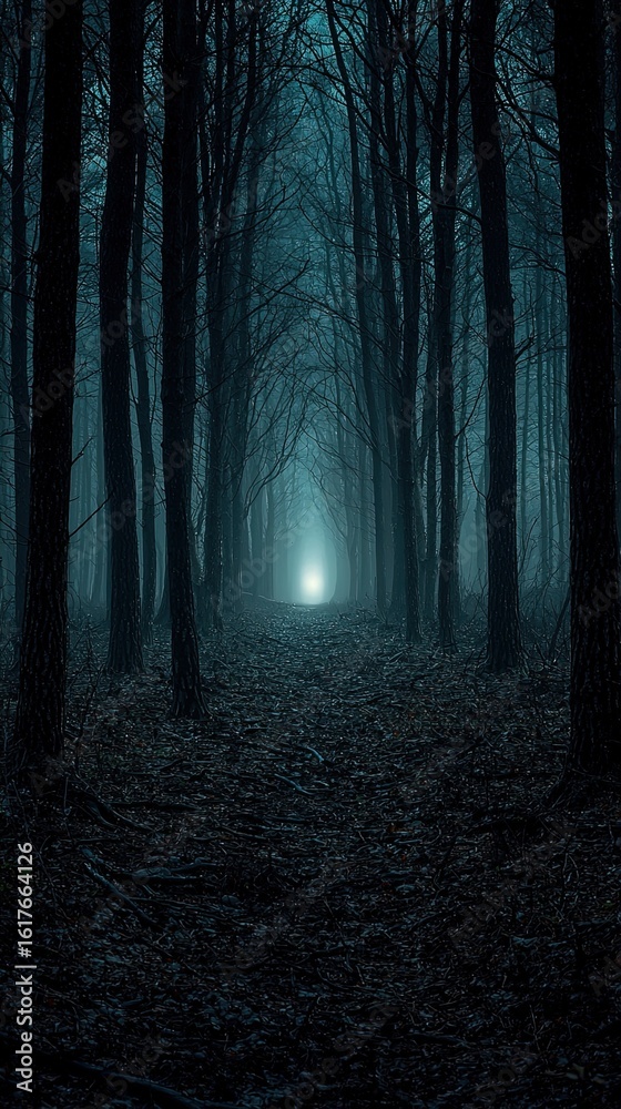 Fototapeta premium Dark Forest Scene Illuminated by a Soft Light Shining Through Trees Creating an Enigmatic Atmosphere