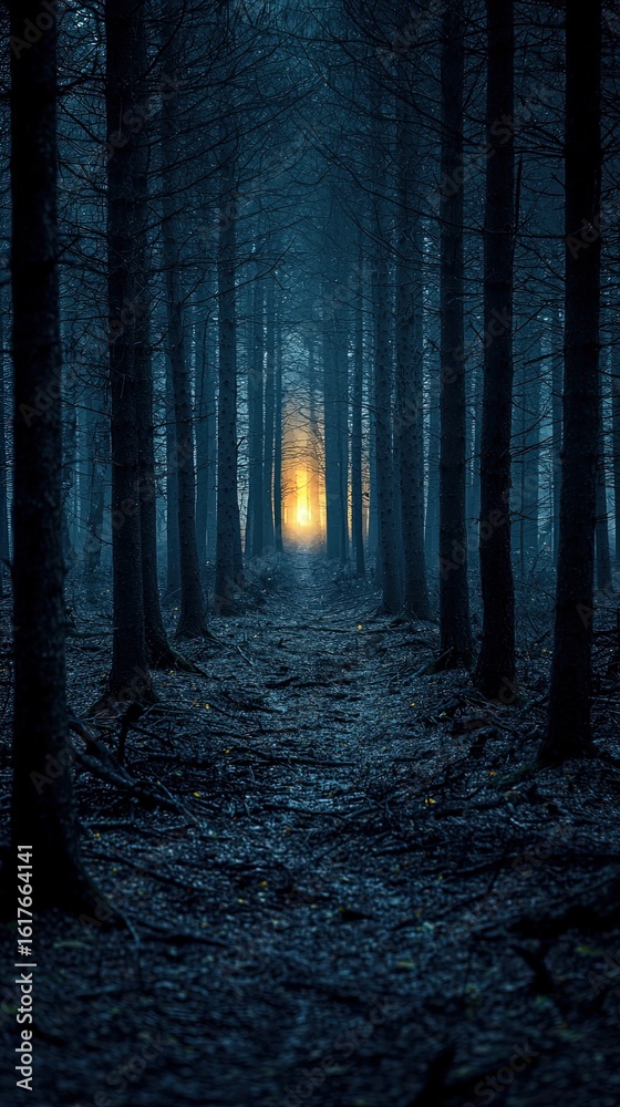 Naklejka premium Dark Mysterious Forest with Ethereal Light at the End of the Pathway Illuminating the Surrounding Trees