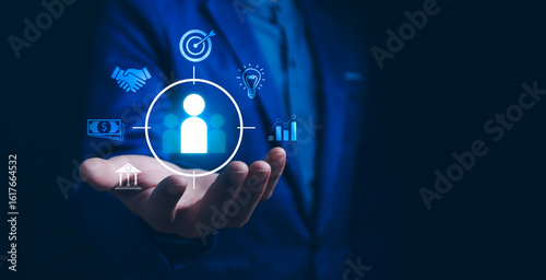 Customer Centricity and Business Strategy. A businessman presenting a customer icon at the center, surrounded by elements of targeting, innovation, financial goals, collaboration, and market analysis.